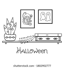 Halloween, lettering. A shelf of spell books, a portrait of ghosts, a magic house. Interior illustration.