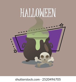 Halloween lettering with skull and bones, cauldron with boiling potion. Typed text, calligraphy. Holiday, celebration, party, magic concept. Vector illustration for banner or poster design