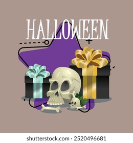 Letras de Halloween com crânio, ossos e caixas de presente no fundo abstrato. Texto digitado, caligrafia. Feriado, conceito de celebração. Ilustração vetorial para design de convite, banner ou cartaz