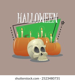 Letras de Halloween con calavera, calabaza con velas ardientes. Texto mecanografiado, caligrafía. Festiva, celebración, concepto mágico. La Ilustración vectorial se puede utilizar para el diseño del Anuncio o del cartel