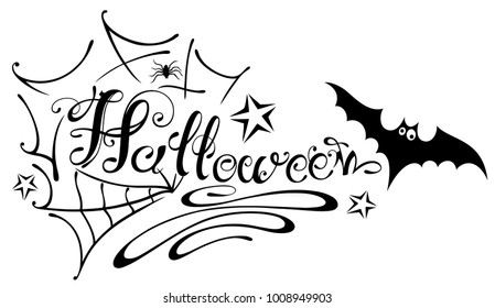 Halloween lettering with spider web, spider, stars and bat.