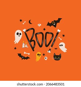 Halloween lettering in the style of minimalistic doodles. Used orange black and white. Cute ghost, bat, stars and bones. Great for festive decoration, print, social media and more.