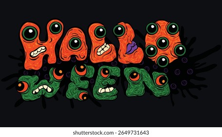 Título de lettering de Halloween com olhos extravagantes monstro assustador ilustração banner