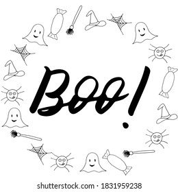 Halloween lettering, vector illustration. Black text isolated on white board with frame of different elements. Boo phrase. Hand drawn quote for print, cards, decoration. Calligraphic Inscription