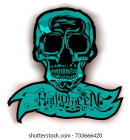 Halloween lettering vector logo. Hand drawn scull and "Halloween" text design