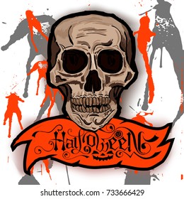 Halloween lettering vector logo. Hand drawn scull and "Halloween" text design