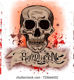 Halloween lettering vector logo. Hand drawn scull and "Halloween" text design