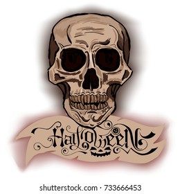 Halloween lettering vector logo. Hand drawn scull and "Halloween" text design