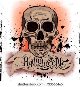 Halloween lettering vector logo. Hand drawn scull and "Halloween" text design