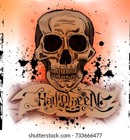 Halloween lettering vector logo. Hand drawn scull and "Halloween" text design