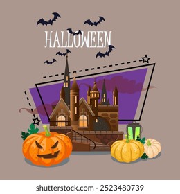 Halloween lettering with vintage castle, pumpkins and lantern. Flying bats on background. Typed text, calligraphy. Holiday, celebration, party concept. Vector illustration for banner design