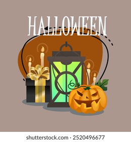 Halloween lettering with vintage lantern, pumpkin, gift box, burning candles. Typed text, calligraphy. Holiday, celebration concept. Vector illustration for invitation, banner or poster design