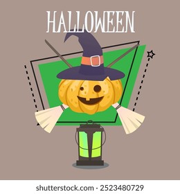 Halloween lettering with vintage lantern, pumpkin in witch hat, crossed brooms. Typed text, calligraphy. Holiday, celebration, party concept. Vector illustration for invitation and banner design