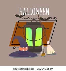 Halloween lettering with vintage lantern, witch hat, broom and flask with poison. Typed text, calligraphy. Holiday, celebration, magic concept. Vector illustration can be used for banner design