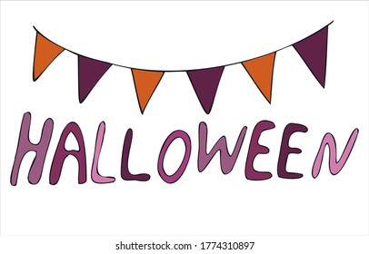 Grabado de Halloween y garland triangular de color violeta-anaranjado, ilustración de color vectorial para Halloween en estilo doodle, ilustración de color