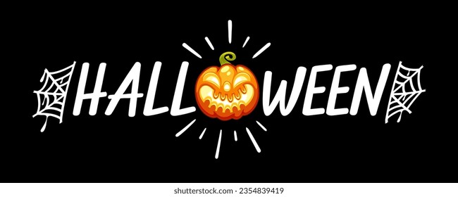 Halloween Lettering with Web and Pumpkin. Vector illustration isolated on black background.