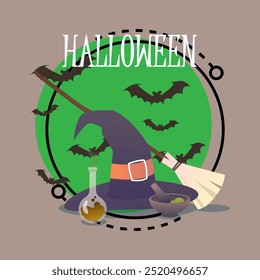 Halloween lettering with witch hat and broom, flask with poison, flying bats. Typed text, calligraphy. Autumn, party, celebration concept. Vector illustration can be used for banner or poster design