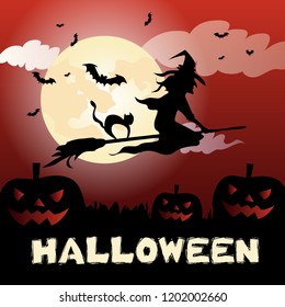 Halloween lettering with witch on broom, moon and pumpkins. Invitation or advertising design. Typed text, calligraphy. For leaflets, brochures, invitations, posters or banners.