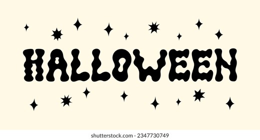 Halloween lettering word with stars and sparkles. Vector flat illustration on isolated background. Floating wavy text