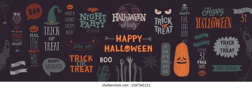 Halloween letterings and graphic elements, hand drawn invitation or greeting letterings set. Vector illustration.