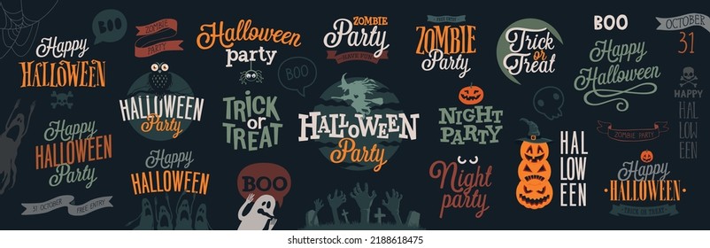 Halloween letterings and graphic elements, hand drawn invitation or greeting letterings set. Vector illustration.