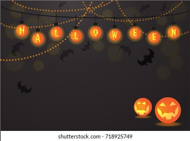  Halloween light balls background text letters vector for Halloween card party, Halloween night, trick or treat, invitation card, gift tags, bat, and Jack-o-Lantern -orange, yellow glow neon colors. 