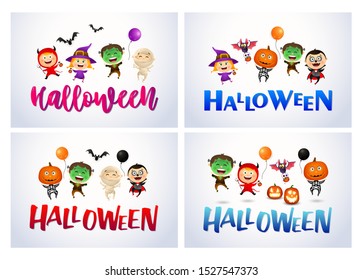 Halloween light banner set with monsters and bats. Halloween, October, trick or treat. Lettering can be used for greeting cards, invitations, announcements