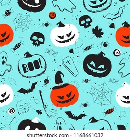 Halloween light blue seamless pattern with main symbols - pumpkins, skull, spiderweb, ghost and bats. Vector illustration