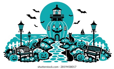 Halloween lighthouse pumpkin illustration with black cats, bats, jackolanterns, and benches on a teal background