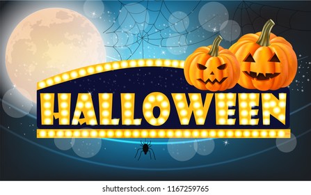 Halloween lights card with full moon and pumpkins Vector