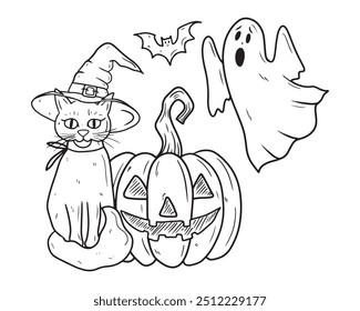 Halloween line art with a cat in a witch hat, a carved pumpkin, a bat, and a ghost. Hand drawn vector sketch illustration in doodle engraved vintage line art style. Mystery horror illustration