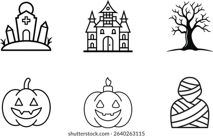 Halloween Line Art Elements Vector Set.