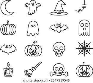 Halloween Line Art Ícones Creepy e desenhos festivos para as celebrações da estação assustadora