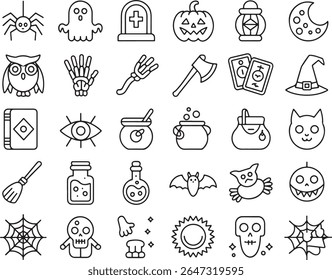 Halloween Line Art Icons Set Spooky and Festive Collection for Design Projects, Decorations, and Holiday Celebrations