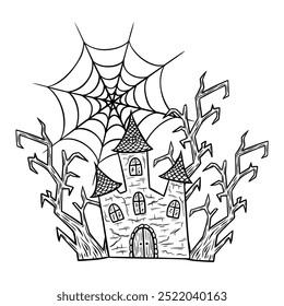 Ilustración de arte de línea de Halloween con casa encantada, árboles espeluznantes y Web de araña. Dibujo monocromático gráfico de mansión abandonado. Dibujado a mano boceto de contorno, grabado doodle. Para invitación de fiesta