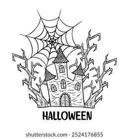 Ilustração da arte da linha do Halloween com casa assombrada, árvores assustadoras e teia de aranha. Desenho gráfico monocromático da mansão abandonada. Esboço desenhado à mão, rabiscar gravado. Para convite do grupo