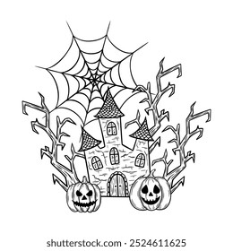 Halloween line art illustration with haunted house, spooky trees, spider web and spooky pumpkins. Abandoned mansion graphic monochrome drawing. Hand drawn outline sketch, engraved doodle.