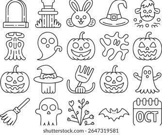 Halloween Line Art Illustration with Tombstone, Pumpkins, Ghosts, Witch Hats, Rabbit, Branches, Broom, Calendar, and Halloween Themed Elements