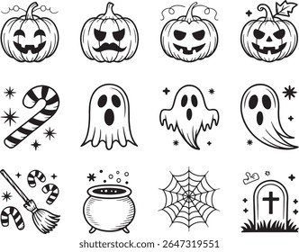 Halloween Line Art Spooky Holiday Collection Com Abóboras Fantasmas Doces Caldeirão Cobweb Vassoura Tombstone Em Preto E Branco