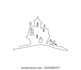 Halloween Line Drawing Haunted House One line scary house line art house one line continuous Halloween banner outline vector haunted house and ghosts trick or treat happy Halloween illustration