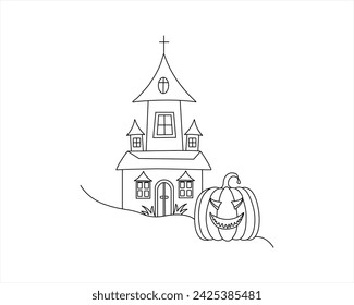 Línea de Halloween Dibujo Casa embrujada Una línea de casa de miedo casa de arte una línea continua banner de Halloween contorno vector casa embrujada y fantasmas truco o trato feliz ilustración de Halloween