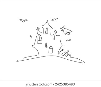 Halloween Line Drawing Haunted House One line scary house line art house one line continuous Halloween banner outline vector haunted house and ghosts trick or treat happy Halloween illustration