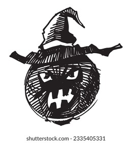 Halloween. Dibujo en línea de una calabaza en un sombrero