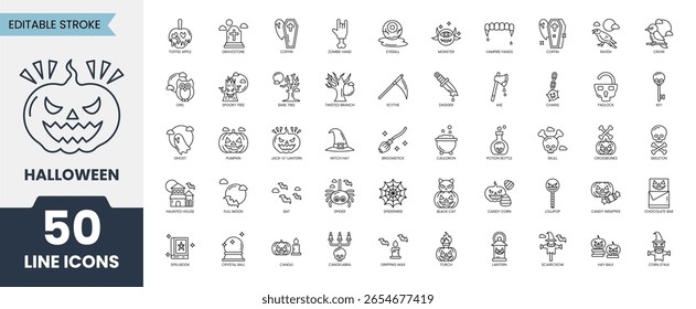 Halloween line editable icon set. Containing pumpkin, ghost, skull, haunted, spider, potion, candy, broomstick, grave, spooky and more. Vector illustration