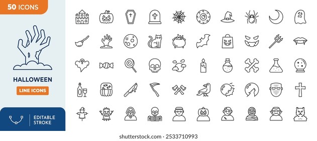 Halloween Line Editable Icons set. Contains such Icons as monster such as angle of death, Dracula, mask of murderer, bat, ghost, black cat, candy, wolf, skull and more