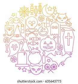 Halloween Line Icon Circle Design. Vector Illustration of Scary Holiday Objects.