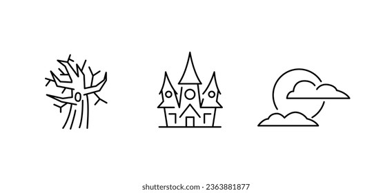 Halloween line icon. Hunted tree, house, full moon isolated on white background. Editable stroke. Vector illustration