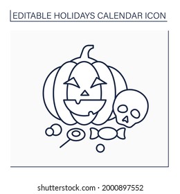 Halloween line icon. October 31.Children carve pumpkins,decorate homes.Dressing costumes and collecting candies from neighbors.Holidays calendar concept. Isolated vector illustration. Editable stroke