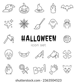 Halloween line icon. Pumpkin Ghost Bat Grave Candy Vampire Spooky Castle Black icon for October 31st celebration. Eldritch horror pictogram. Editable stroke. Vector illustration.