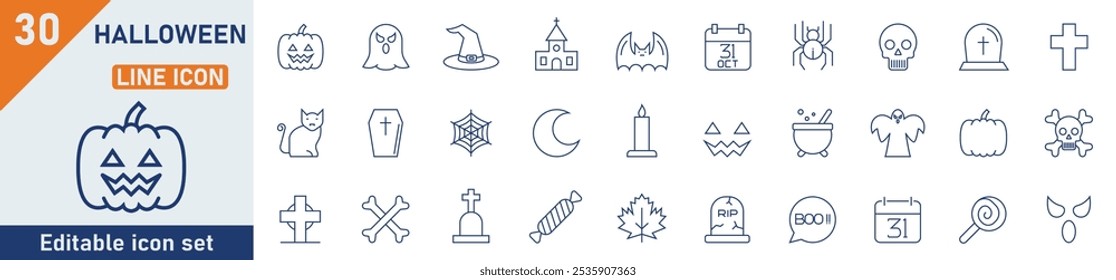 Halloween line icon set. Set of 30 outline icons related to jack o lantern, pumpkin, ghost, wizard hat, spider, scary cat and others. Vector illustration.